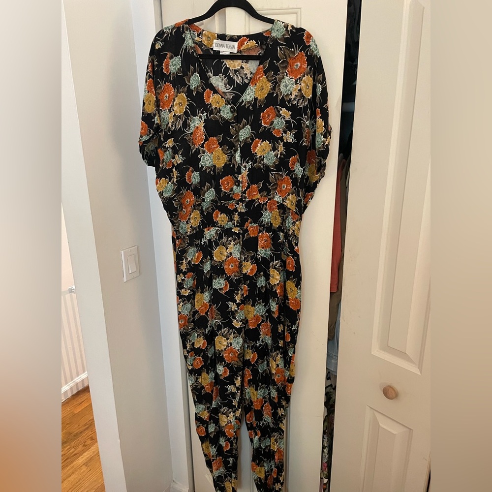 Vintage Floral Jumpsuit with Orange and Green Accents